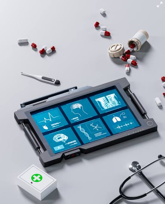 Medical tablet with diagnostic screens, stethoscope, and medication — supporting Safe Vision's clinical evaluation programs